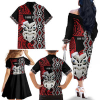 Personalised New Zealand Christmas Family Matching Off The Shoulder Long Sleeve Dress and Hawaiian Shirt Meri Kirihimete Maori Wheku - Taniko Art LT14 - Polynesian Pride