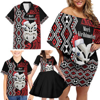Personalised New Zealand Christmas Family Matching Off Shoulder Short Dress and Hawaiian Shirt Meri Kirihimete Maori Wheku - Taniko Art LT14 - Polynesian Pride