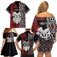 Personalised New Zealand Christmas Family Matching Off Shoulder Short Dress and Hawaiian Shirt Meri Kirihimete Maori Wheku - Taniko Art LT14 - Polynesian Pride
