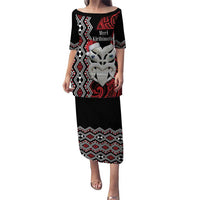 Personalised New Zealand Christmas Puletasi Meri Kirihimete Maori Wheku - Taniko Art LT14 Long Dress Black - Polynesian Pride