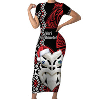 Personalised New Zealand Christmas Short Sleeve Bodycon Dress Meri Kirihimete Maori Wheku - Taniko Art LT14 Long Dress Black - Polynesian Pride