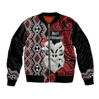 Personalised New Zealand Christmas Sleeve Zip Bomber Jacket Meri Kirihimete Maori Wheku - Taniko Art LT14 Unisex Black - Polynesian Pride
