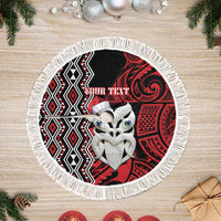 Personalised New Zealand Christmas Tree Skirt Meri Kirihimete Maori Wheku - Taniko Art LT14 Fringed Black - Polynesian Pride