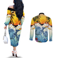 Aloha Hawaii Dolphins Couples Matching Off The Shoulder Long Sleeve Dress and Long Sleeve Button Shirt Heart Of The Ocean Tropical Summer Vibes LT14 - Polynesian Pride
