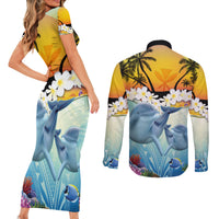 Aloha Hawaii Dolphins Couples Matching Short Sleeve Bodycon Dress and Long Sleeve Button Shirt Heart Of The Ocean Tropical Summer Vibes LT14 - Polynesian Pride