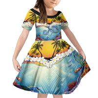 Aloha Hawaii Dolphins Family Matching Short Sleeve Bodycon Dress and Hawaiian Shirt Heart Of The Ocean Tropical Summer Vibes LT14 Daughter's Dress Blue - Polynesian Pride