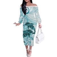 Polynesia Dolphins Family Matching Off Shoulder Long Sleeve Dress and Hawaiian Shirt Valentine Day Floral Polynesian - Vintage Dark Cyan LT14 Mom's Dress Dark Cyan - Polynesian Pride