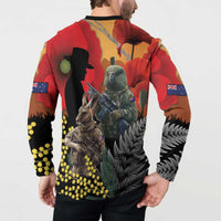New Zealand and Australia ANZAC Day Button Sweatshirt Sliver Fern Kakapo With Golden Wattle Kangaroo LT14 - Polynesian Pride
