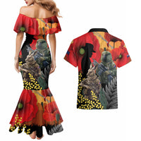 New Zealand and Australia ANZAC Day Couples Matching Mermaid Dress and Hawaiian Shirt Sliver Fern Kakapo With Golden Wattle Kangaroo LT14 - Polynesian Pride