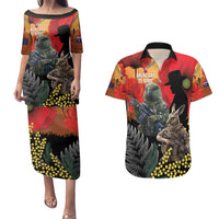 New Zealand and Australia ANZAC Day Couples Matching Puletasi and Hawaiian Shirt Sliver Fern Kakapo With Golden Wattle Kangaroo LT14 Gold - Polynesian Pride