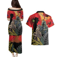 New Zealand and Australia ANZAC Day Couples Matching Puletasi and Hawaiian Shirt Sliver Fern Kakapo With Golden Wattle Kangaroo LT14 - Polynesian Pride