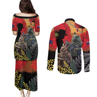 New Zealand and Australia ANZAC Day Couples Matching Puletasi and Long Sleeve Button Shirt Sliver Fern Kakapo With Golden Wattle Kangaroo LT14 - Polynesian Pride