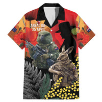 New Zealand and Australia ANZAC Day Family Matching Mermaid Dress and Hawaiian Shirt Sliver Fern Kakapo With Golden Wattle Kangaroo LT14 Dad's Shirt - Short Sleeve Gold - Polynesian Pride