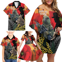 New Zealand and Australia ANZAC Day Family Matching Off Shoulder Short Dress and Hawaiian Shirt Sliver Fern Kakapo With Golden Wattle Kangaroo LT14 - Polynesian Pride
