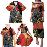 New Zealand and Australia ANZAC Day Family Matching Puletasi and Hawaiian Shirt Sliver Fern Kakapo With Golden Wattle Kangaroo LT14 - Polynesian Pride