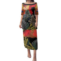 New Zealand and Australia ANZAC Day Family Matching Puletasi and Hawaiian Shirt Sliver Fern Kakapo With Golden Wattle Kangaroo LT14 Mom's Dress Gold - Polynesian Pride
