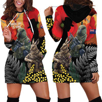 New Zealand and Australia ANZAC Day Hoodie Dress Sliver Fern Kakapo With Golden Wattle Kangaroo LT14 - Polynesian Pride