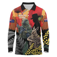 New Zealand and Australia ANZAC Day Long Sleeve Polo Shirt Sliver Fern Kakapo With Golden Wattle Kangaroo LT14 Gold - Polynesian Pride