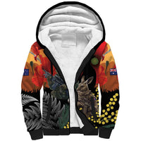 New Zealand and Australia ANZAC Day Sherpa Hoodie Sliver Fern Kakapo With Golden Wattle Kangaroo LT14 Unisex Gold - Polynesian Pride
