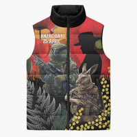 New Zealand and Australia ANZAC Day Sleeveless Puffer Jacket Sliver Fern Kakapo With Golden Wattle Kangaroo LT14 Unisex Gold - Polynesian Pride