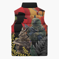 New Zealand and Australia ANZAC Day Sleeveless Puffer Jacket Sliver Fern Kakapo With Golden Wattle Kangaroo LT14 - Polynesian Pride