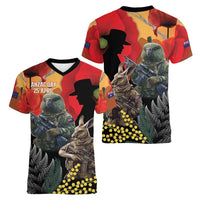 New Zealand and Australia ANZAC Day Women V-Neck T-Shirt Sliver Fern Kakapo With Golden Wattle Kangaroo LT14 - Polynesian Pride