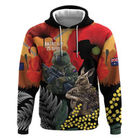 New Zealand and Australia ANZAC Day Zip Hoodie Sliver Fern Kakapo With Golden Wattle Kangaroo LT14 Pullover Hoodie Gold - Polynesian Pride