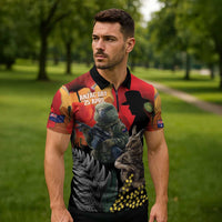 New Zealand and Australia ANZAC Day Zipper Polo Shirt Sliver Fern Kakapo With Golden Wattle Kangaroo LT14 - Polynesian Pride