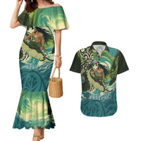 Aotearoa Tangaroa Atua Couples Matching Mermaid Dress and Hawaiian Shirt New Zealand God Of The Ocean LT14 Cyan - Polynesian Pride