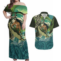 Aotearoa Tangaroa Atua Couples Matching Off Shoulder Maxi Dress and Hawaiian Shirt New Zealand God Of The Ocean LT14 Cyan - Polynesian Pride