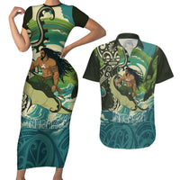 Aotearoa Tangaroa Atua Couples Matching Short Sleeve Bodycon Dress and Hawaiian Shirt New Zealand God Of The Ocean LT14 Cyan - Polynesian Pride