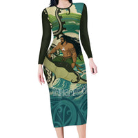 Aotearoa Tangaroa Atua Long Sleeve Bodycon Dress New Zealand God Of The Ocean LT14 Long Dress Cyan - Polynesian Pride