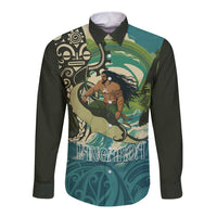 Aotearoa Tangaroa Atua Long Sleeve Button Shirt New Zealand God Of The Ocean LT14 Unisex Cyan - Polynesian Pride
