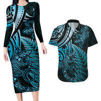 New Zealand Lizard Couples Matching Long Sleeve Bodycon Dress and Hawaiian Shirt Silver Fern Aotearoa Maori Blue Version LT14 Blue - Polynesian Pride