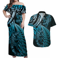 New Zealand Lizard Couples Matching Off Shoulder Maxi Dress and Hawaiian Shirt Silver Fern Aotearoa Maori Blue Version LT14 Blue - Polynesian Pride