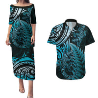 New Zealand Lizard Couples Matching Puletasi and Hawaiian Shirt Silver Fern Aotearoa Maori Blue Version LT14 Blue - Polynesian Pride