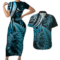 New Zealand Lizard Couples Matching Short Sleeve Bodycon Dress and Hawaiian Shirt Silver Fern Aotearoa Maori Blue Version LT14 Blue - Polynesian Pride