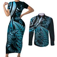 New Zealand Lizard Couples Matching Short Sleeve Bodycon Dress and Long Sleeve Button Shirt Silver Fern Aotearoa Maori Blue Version LT14 Blue - Polynesian Pride