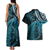 New Zealand Lizard Couples Matching Tank Maxi Dress and Hawaiian Shirt Silver Fern Aotearoa Maori Blue Version LT14 - Polynesian Pride