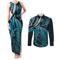 New Zealand Lizard Couples Matching Tank Maxi Dress and Long Sleeve Button Shirt Silver Fern Aotearoa Maori Blue Version LT14 Blue - Polynesian Pride