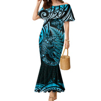 New Zealand Lizard Family Matching Mermaid Dress and Hawaiian Shirt Silver Fern Aotearoa Maori Blue Version LT14 Mom's Dress Blue - Polynesian Pride