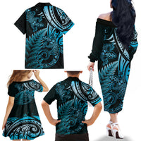 New Zealand Lizard Family Matching Off The Shoulder Long Sleeve Dress and Hawaiian Shirt Silver Fern Aotearoa Maori Blue Version LT14 - Polynesian Pride