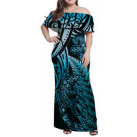 New Zealand Lizard Family Matching Off Shoulder Maxi Dress and Hawaiian Shirt Silver Fern Aotearoa Maori Blue Version LT14 Mom's Dress Blue - Polynesian Pride