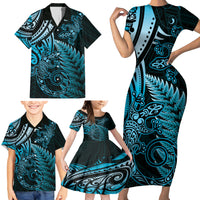 New Zealand Lizard Family Matching Short Sleeve Bodycon Dress and Hawaiian Shirt Silver Fern Aotearoa Maori Blue Version LT14 - Polynesian Pride