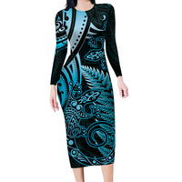 New Zealand Lizard Long Sleeve Bodycon Dress Silver Fern Aotearoa Maori Blue Version LT14 Long Dress Blue - Polynesian Pride