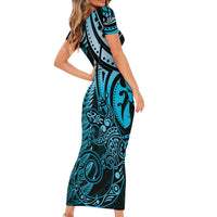 New Zealand Lizard Short Sleeve Bodycon Dress Silver Fern Aotearoa Maori Blue Version LT14 - Polynesian Pride