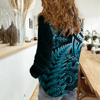 New Zealand Lizard Women Casual Shirt Silver Fern Aotearoa Maori Blue Version LT14 - Polynesian Pride