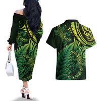 New Zealand Lizard Couples Matching Off The Shoulder Long Sleeve Dress and Hawaiian Shirt Silver Fern Aotearoa Maori Green Version LT14 - Polynesian Pride