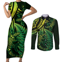 New Zealand Lizard Couples Matching Short Sleeve Bodycon Dress and Long Sleeve Button Shirt Silver Fern Aotearoa Maori Green Version LT14 Green - Polynesian Pride