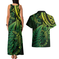 New Zealand Lizard Couples Matching Tank Maxi Dress and Hawaiian Shirt Silver Fern Aotearoa Maori Green Version LT14 - Polynesian Pride